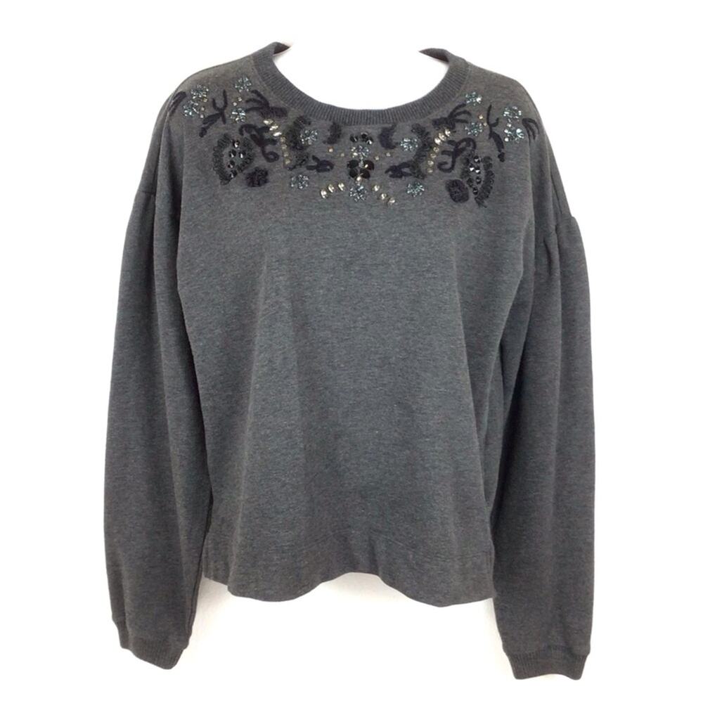 MAEVE ANTHROPOLOGIE Crew Neck Charcoal Grey Beaded Sweater